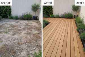 instalación de tarima exterior antes y después - deck exterior en jardín y patio cubelles (1)