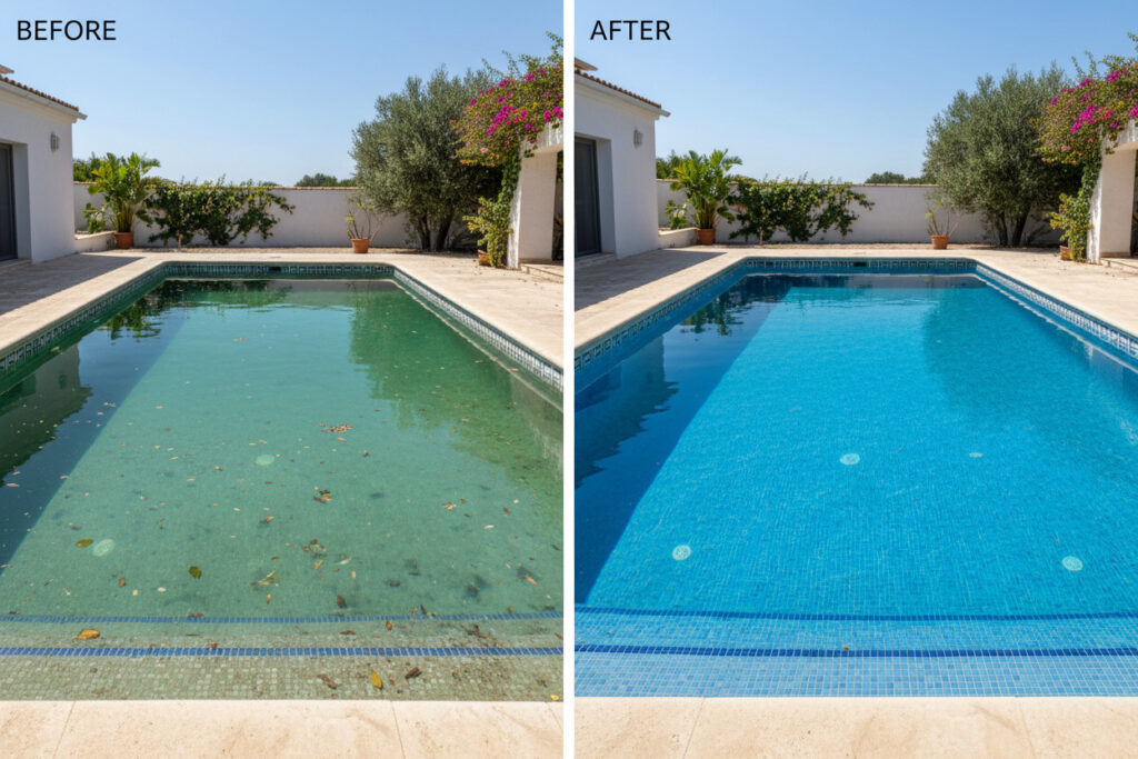mantenimiento de piscina antes y después - limpieza y puesta a punto del agua sitges (1)