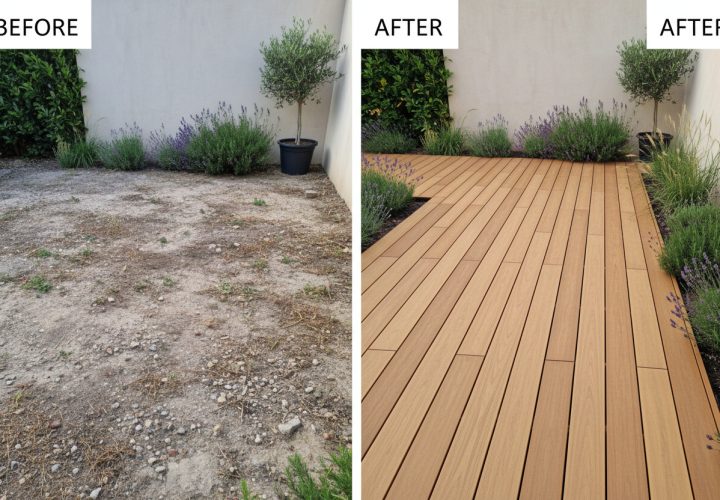 instalación de tarima exterior antes y después - deck exterior en jardín y patio cubelles (1)